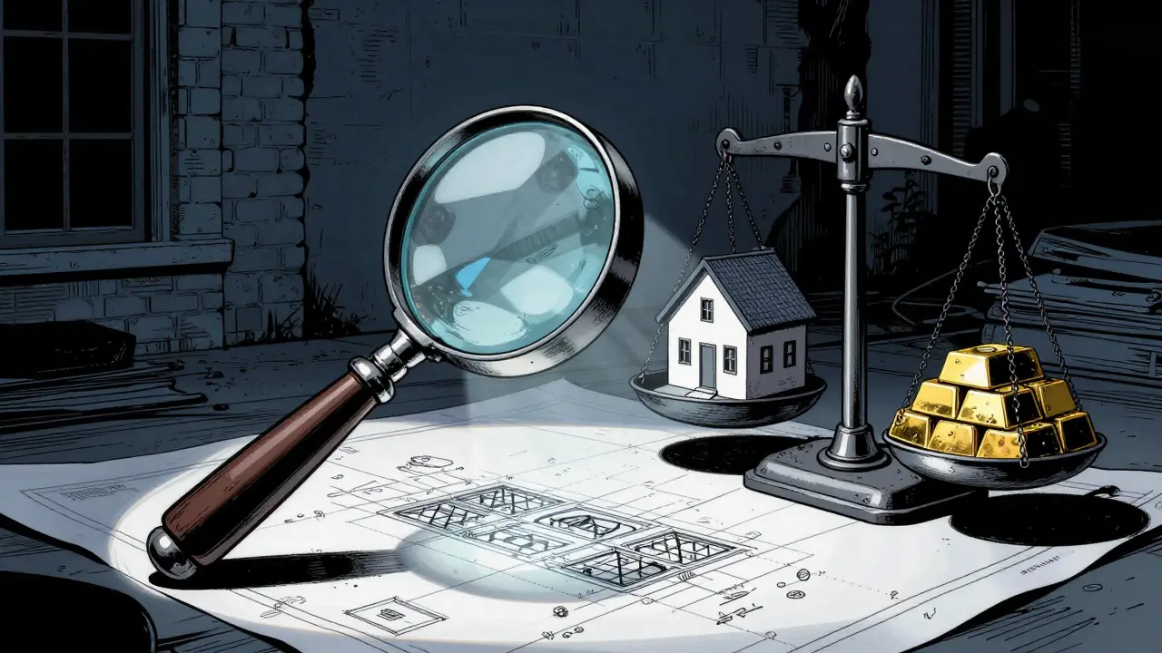 Waage mit Hausmodell und Goldbarren zur Bewertung von Risiken.