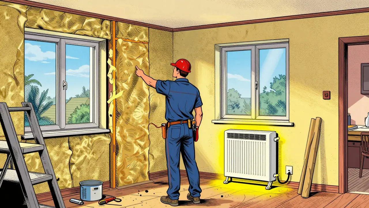 Comic-Illustration einer Hausrenovierung mit Dämmung und neuer Heizungstechnik im Pop-Art-Stil.