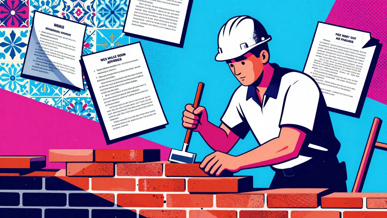 Handwerker bei Restaurierung historischer Mauern im Retro-Cartoon-Stil