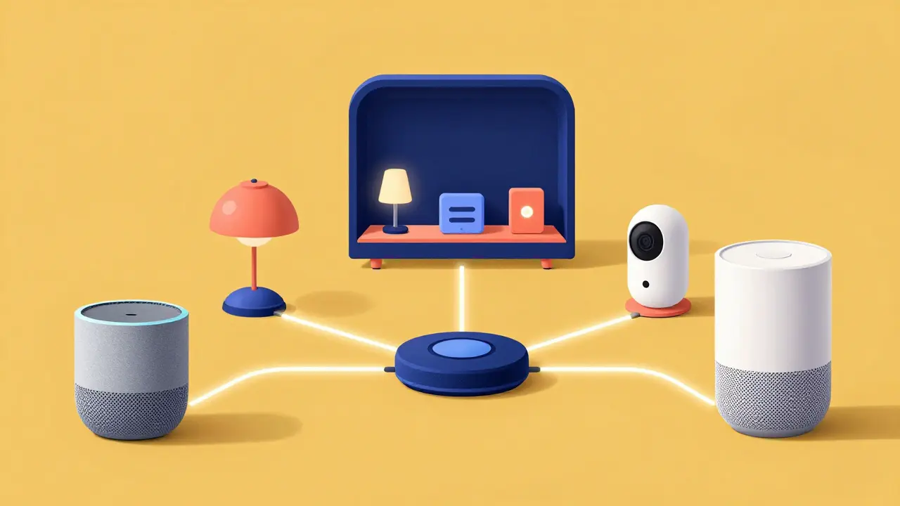 Hybrides Smart Home mit Matter-Verbindung zwischen drei Ökosystemen