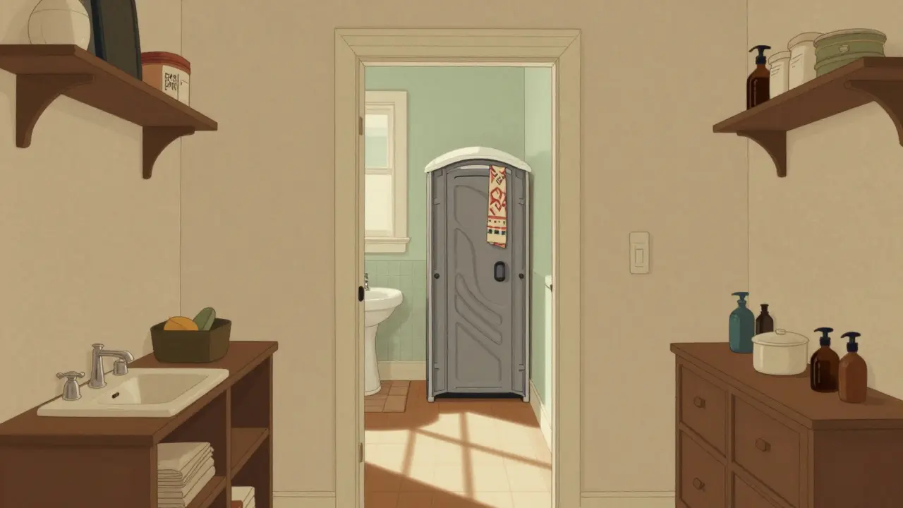 Illustration: Wohnliches Zuhause mit provisorischer Toilette