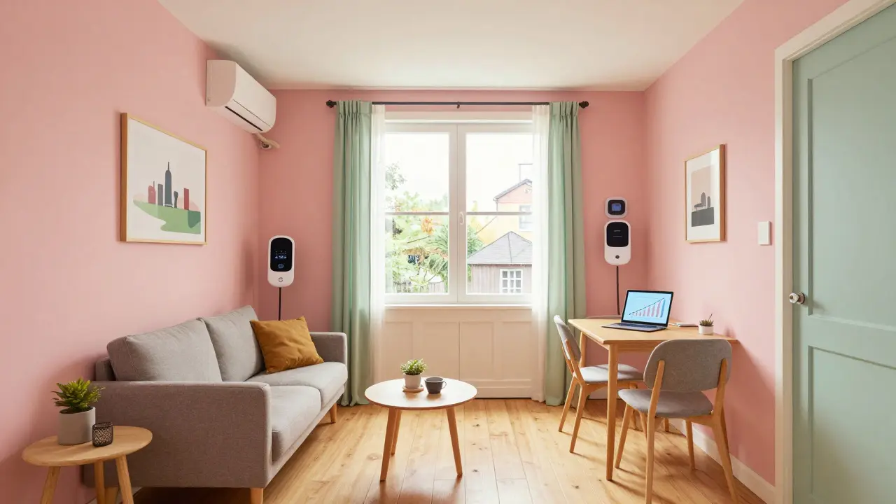 Kompakte, smarte Ein-Zimmer-Wohnung im Wes Anderson Stil