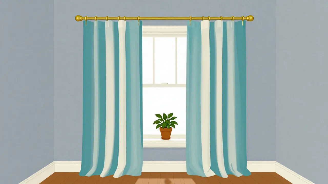 Minimalistisches Fenster mit bodenlangen Vorhängen im Cartoon Stil