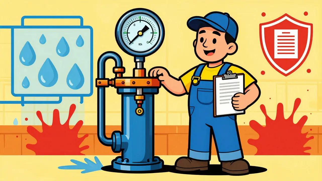 Plumber mit Druckprüfgerät und Sicherheits-Symbolen illustriert