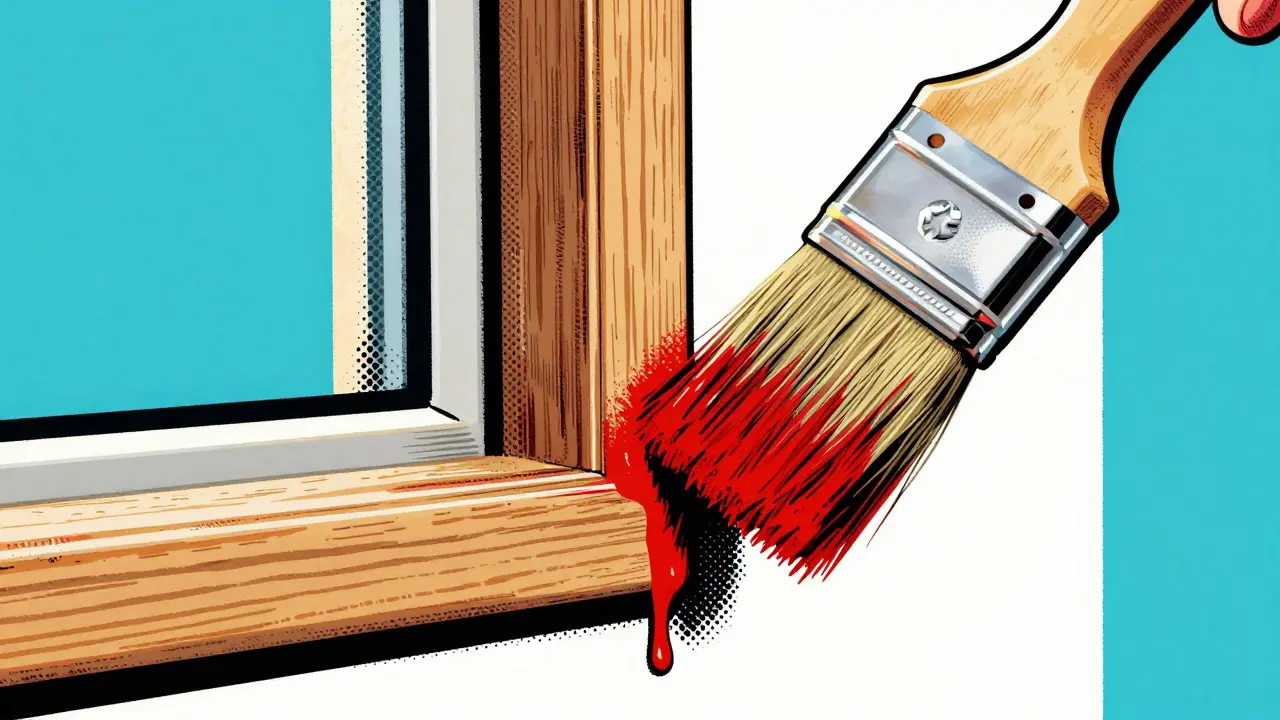 Präziser Pinselstrich an Fensterrahmenkante im Wes Wilson Cartoon-Stil