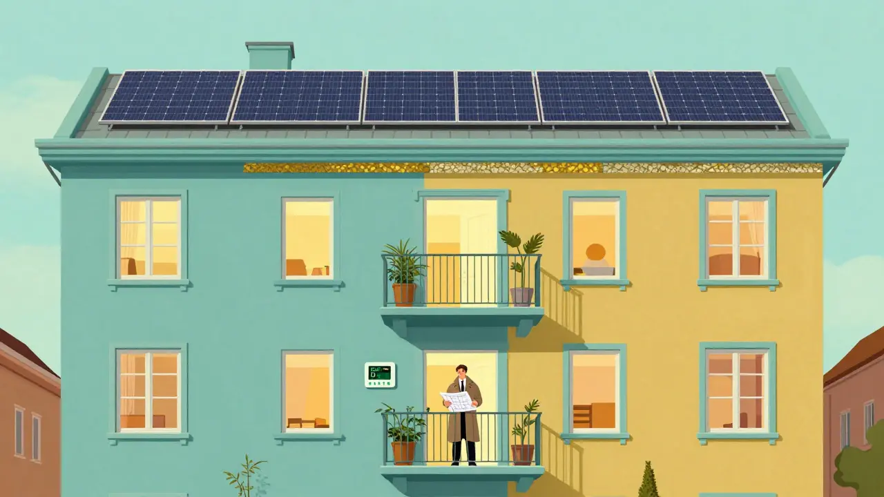 Retro-Moderner Wohnblock mit Solarpanelen und Energieeffizienz-Fokus