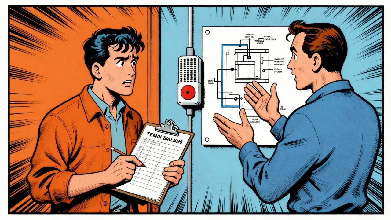 Streit zwischen Mieter und Vermieter über Reparaturkosten und Thermostat im Illustrationsstil