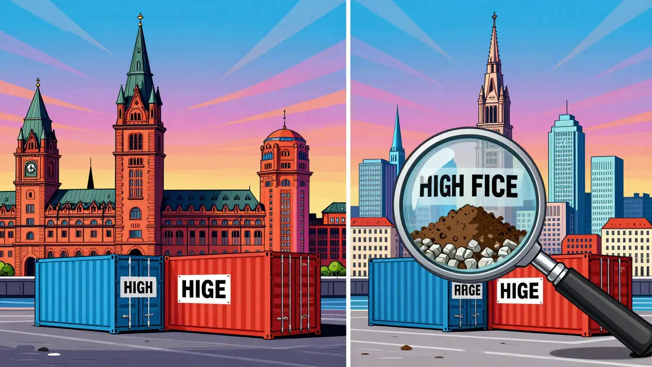 Vergleich der Entsorgungskosten zwischen Hamburg und München im Cartoon-Stil