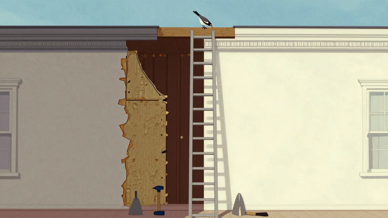Vergleich von beschädigter und reparierter Hausfassade im Cartoon-Stil