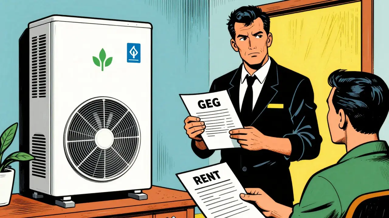 Vermieter mit GEG-Dokument und moderner Heizung neben besorgtem Mieter im Cartoon-Stil