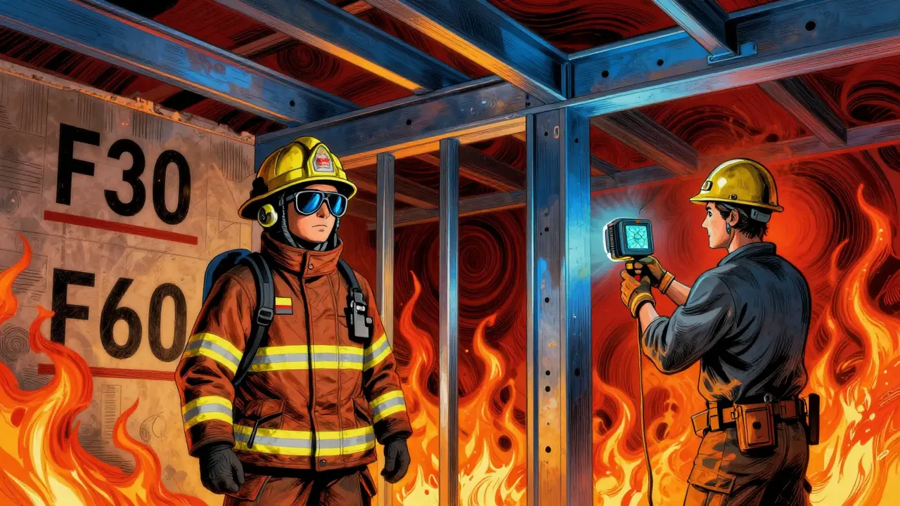 Brandschutz und Statik: Feuerwehrmann und Ingenieur prüfen Wände und Tragstrukturen in psychedelischer Illustration.