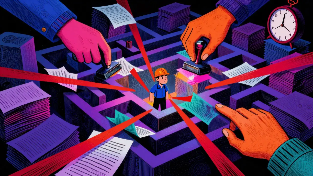Bürokratisches Labyrinth mit Bauarbeiter und Papierstau im Retro-Stil