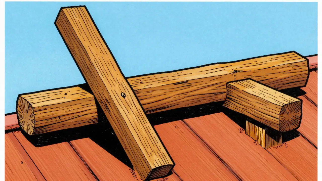 Cartoon illustration of wooden roof components: rafters, purlins, and tie beams in bright colors