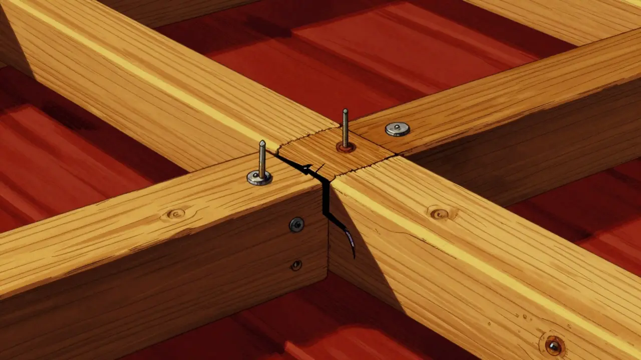 Close-up of cracked wooden roof joints with loose nails, indicating structural damage