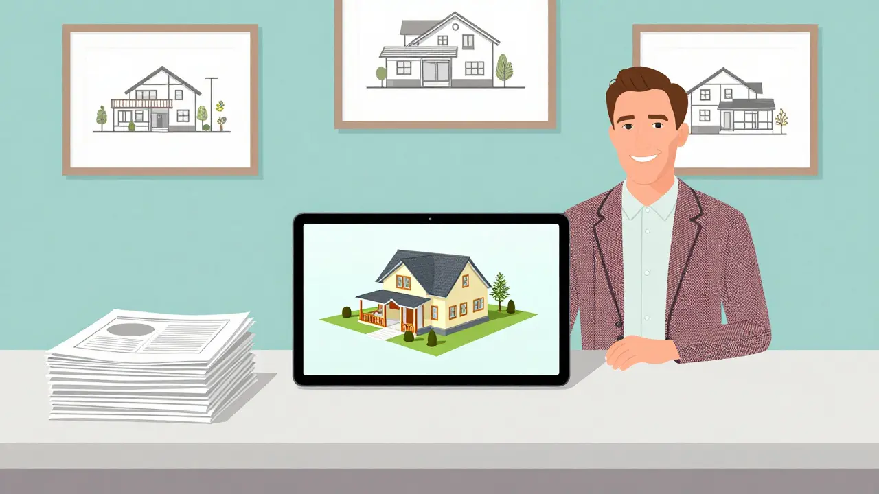Digitale Bauplanung mit BIM-Modell auf Tablet und geordneten Dokumenten