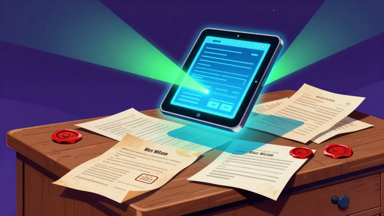 Digitales Tablet über physischen Papieren symbolisiert die Digitalisierung der Beglaubigungen