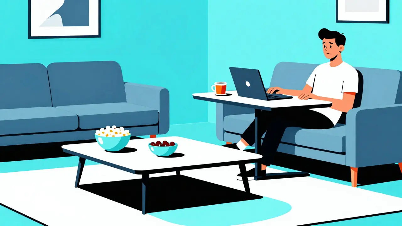 Höhenverstellbarer Couchtisch als Sofa und Schreibtisch im Cartoon-Look