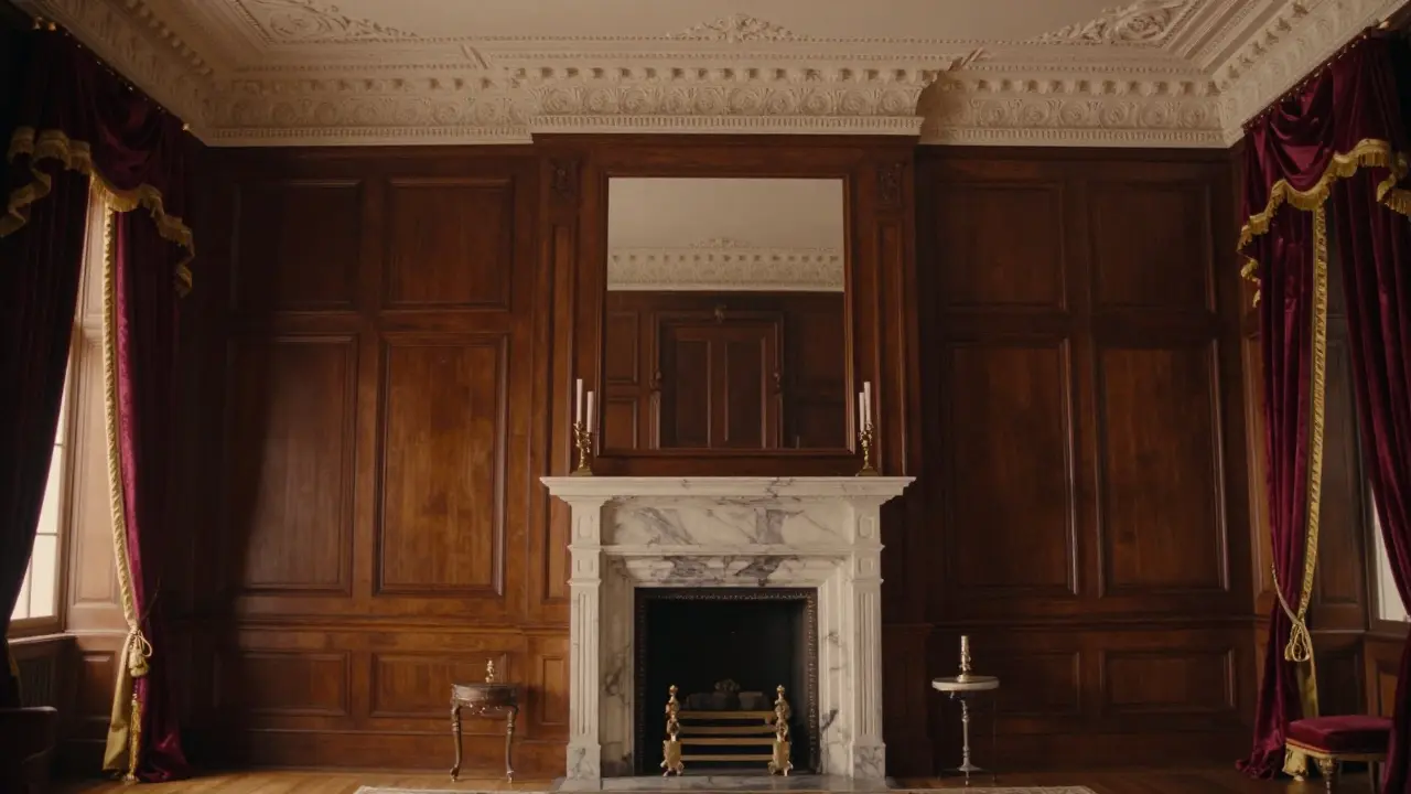 Klassisches Interieur mit dunklem Holz und Samt im symmetrischen Stil