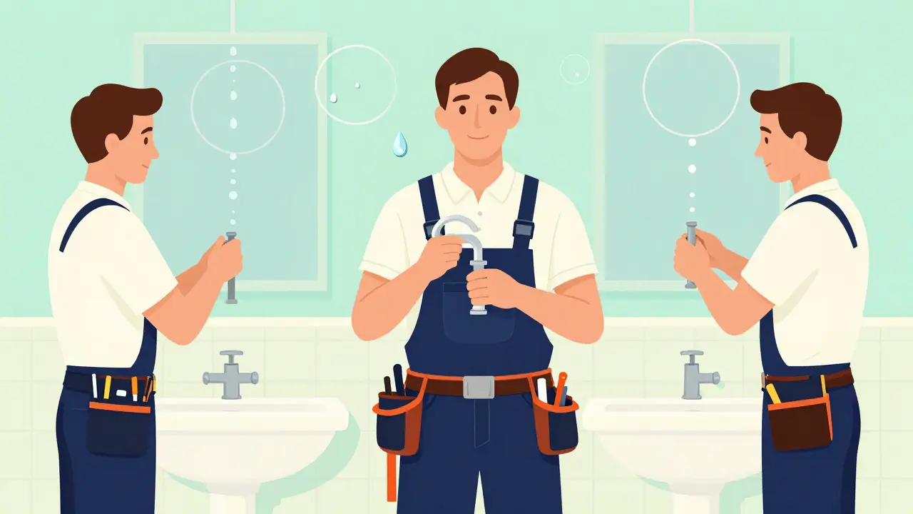 Klempner installiert moderne wassersparende Armatur im Cartoon-Stil