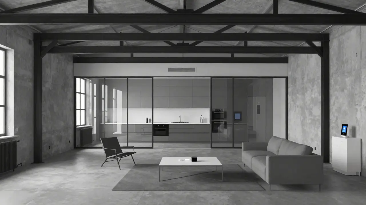 Modernes Industrie-Loft mit Betonwänden und Stahl im Cartoon-Stil