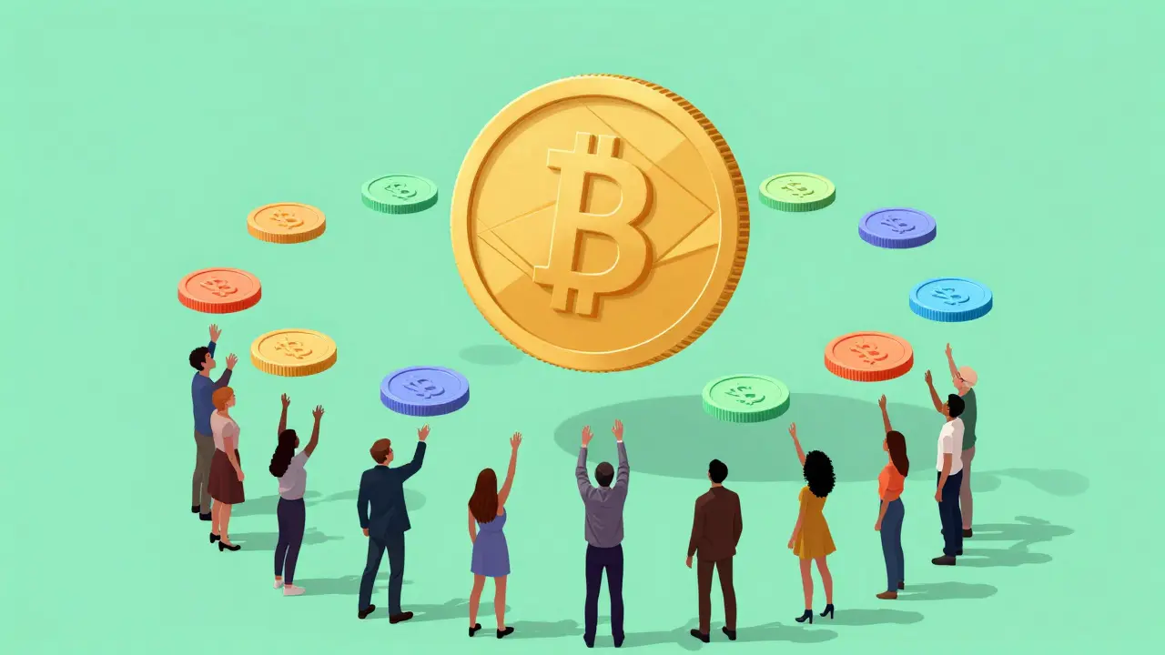 Schwebende Kryptotokens und Investoren im Wes Anderson-Stil