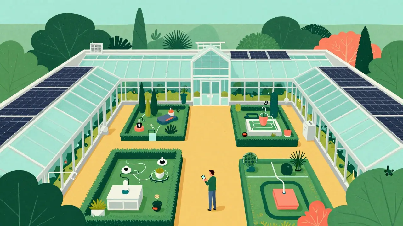 Smartes Gründach mit Solarpanelen im Cartoon-Stil