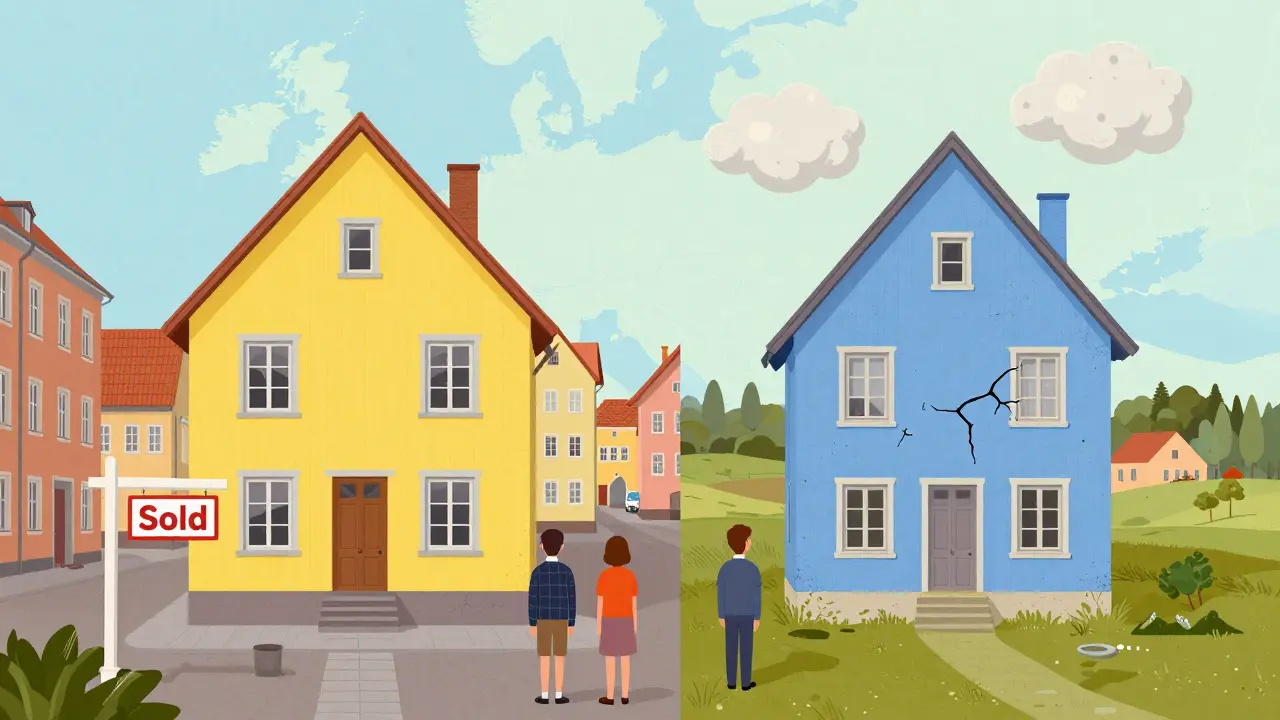 Symmetrischer Vergleich: Stadtimmobilie vs. Landhaus mit Mängeln