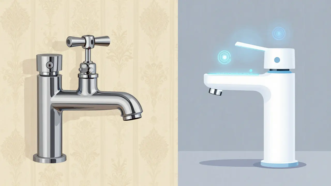 Vergleich klassischer und smarter Badarmaturen im illustrativen Stil