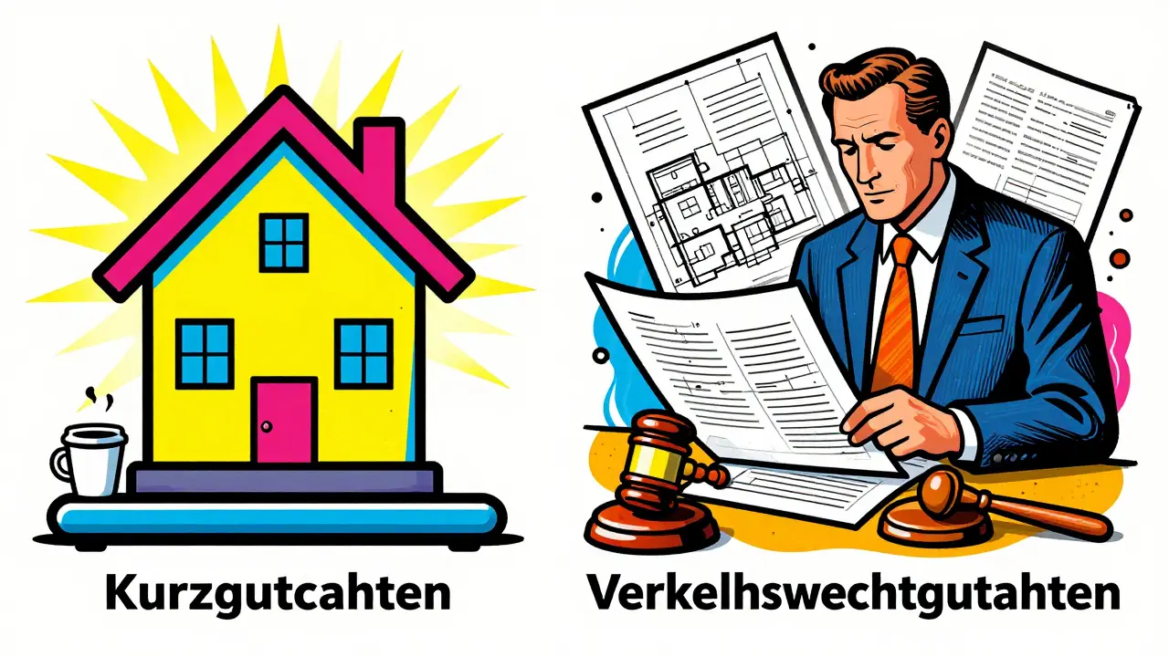 Vergleich von Kurz- und Verkehrswertgutachten im Cartoon-Stil