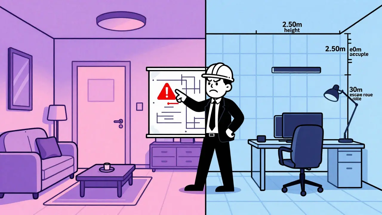 Architekt vergleicht technische Anforderungen für Wohnung und Büro im Retro-Stil