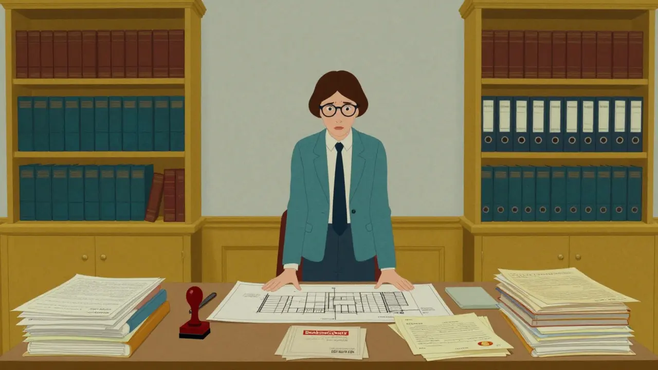 Bürokratische Hürden bei Denkmalschutz: Person mit Bauplänen im Cartoon-Stil