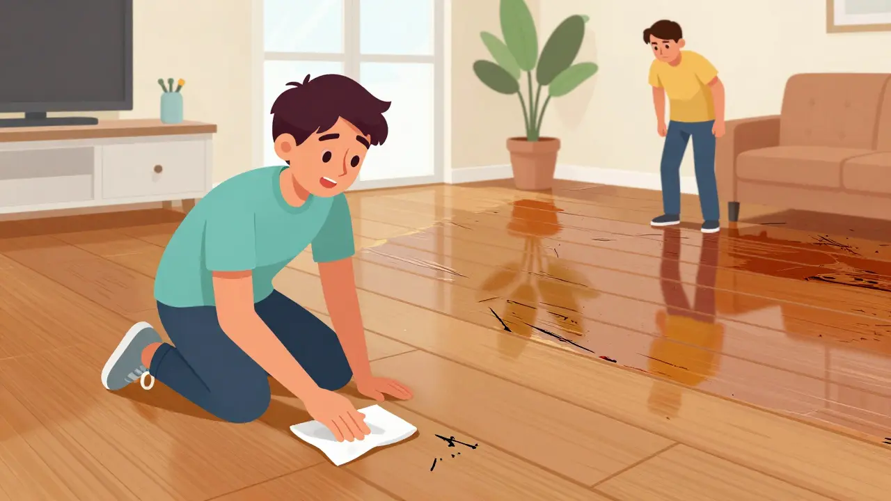 Cartoon: Easy spot repair on oiled floor vs. difficult lacquer fix