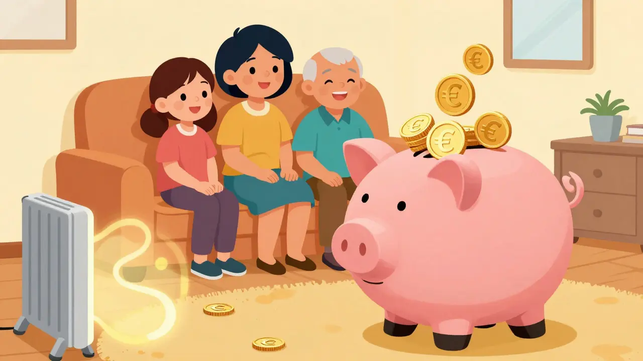 Cartoon: Happy family saving money with efficient heating system