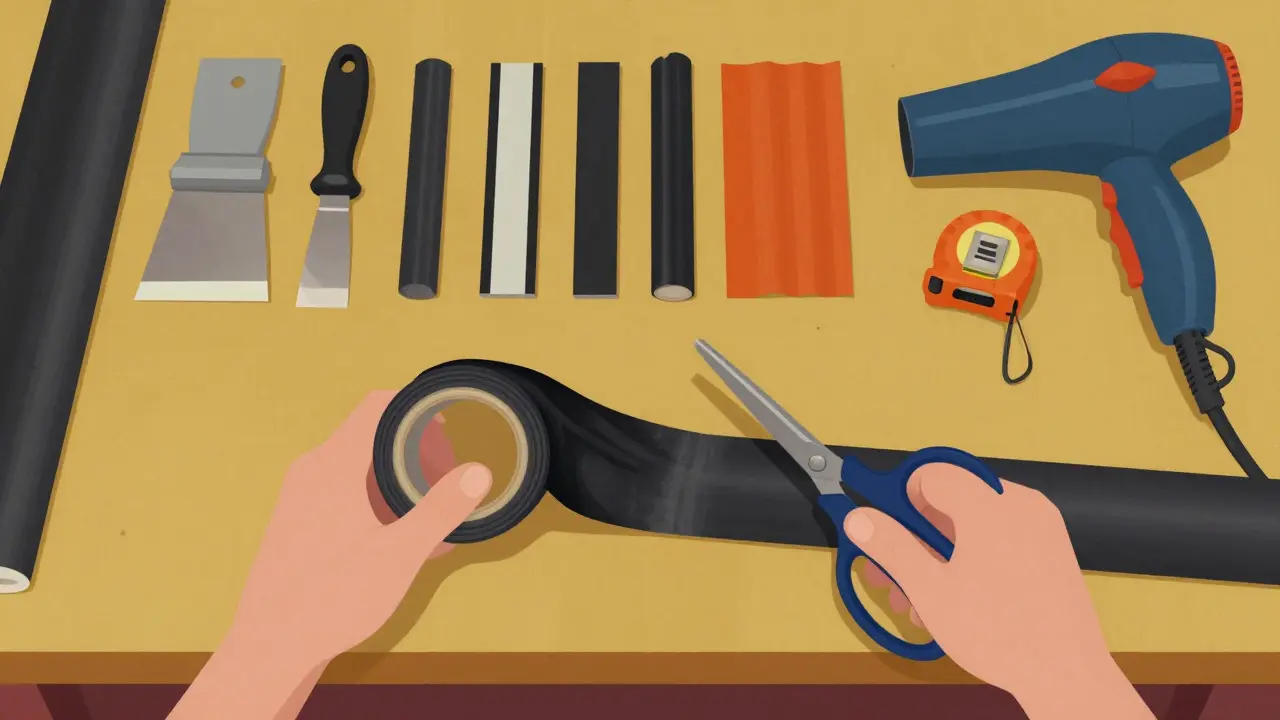 DIY-Szene mit Gummidichtungen und Werkzeugen im Wes Anderson Stil