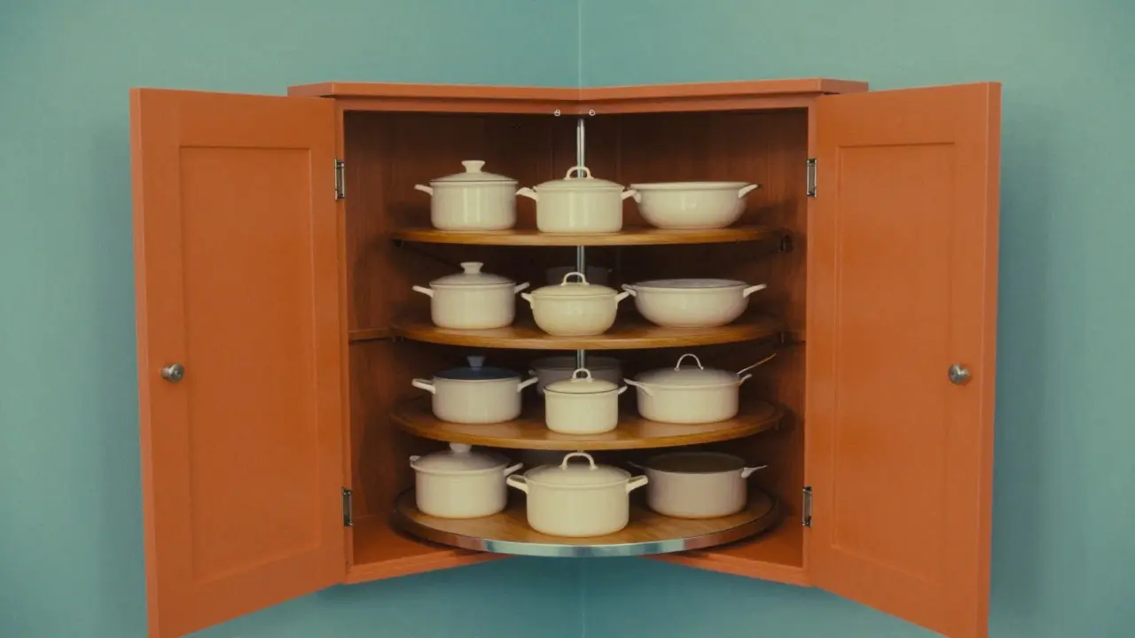 Drehbares Eckschrank-Karussellsystem mit Töpfen in flacher Illustration