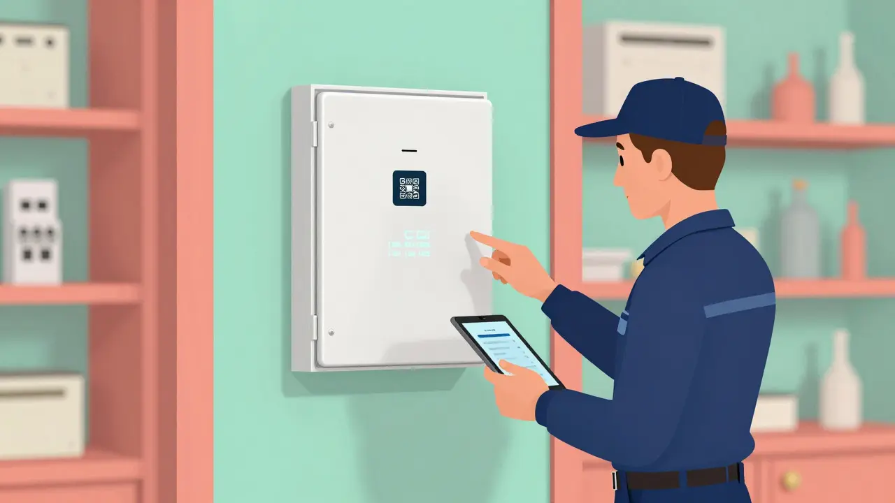 Elektriker scannt QR-Code an modernem Verteilerkasten im Retro-Futurismus-Stil