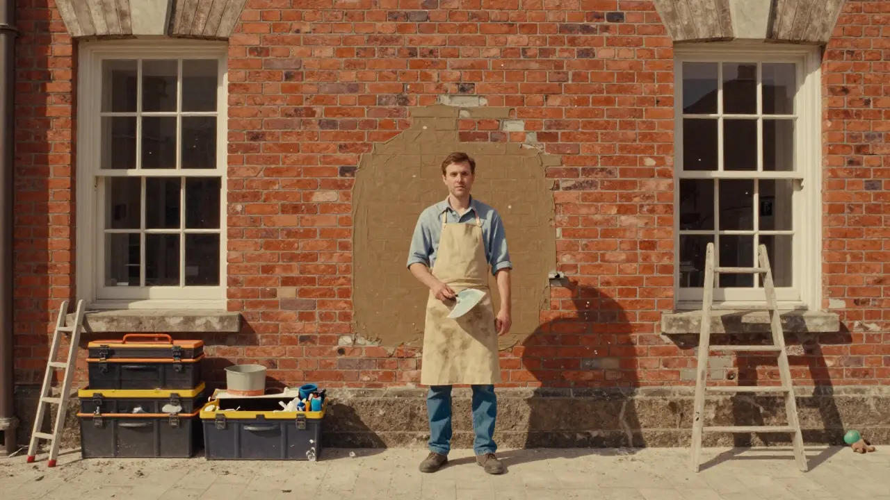 Handwerker bei der Sanierung mit Kalkputz im Retro-Stil