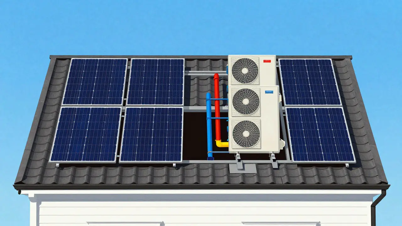 Hausschnitt mit Solarpanelen und Wärmepumpe im flachen Illustrationsstil