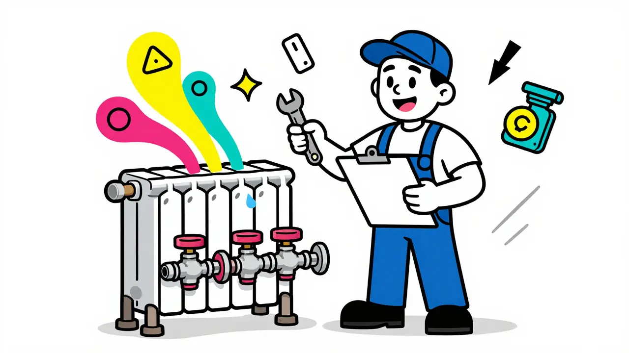 Illustration: Plumber adjusting radiator valves for hydraulic balance