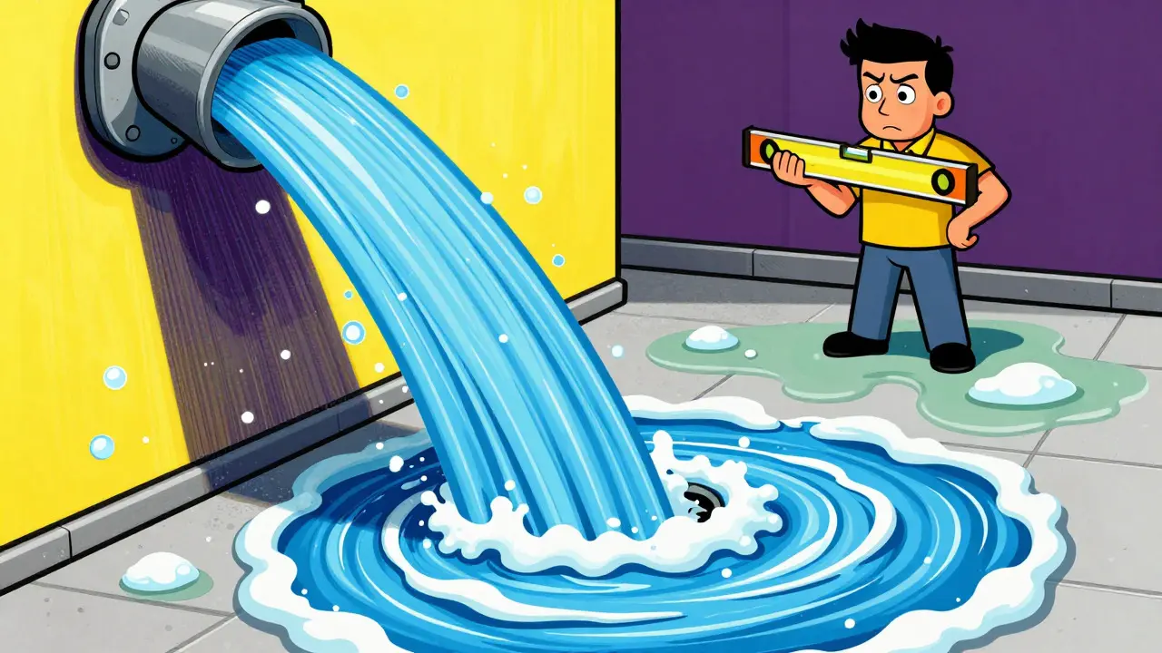 Illustration von Wasserabfluss und Gefälleproblemen in einer Dusche
