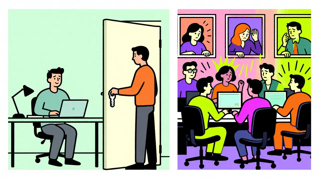 Kontrast zwischen ruhigem Home-Office und chaotischem Großbüro in Cartoon-Optik