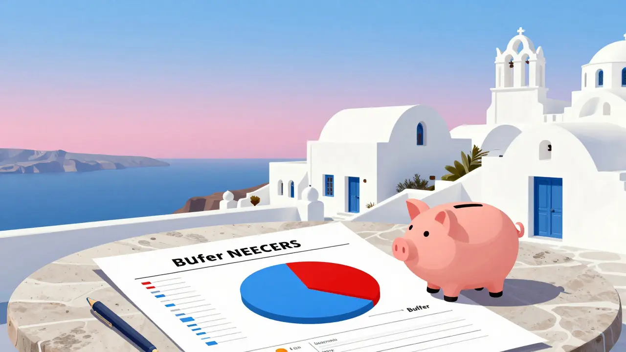 Mediterrane Villa mit Budgetplan und Sparschwein, Symbol für finanzielle Planungssicherheit