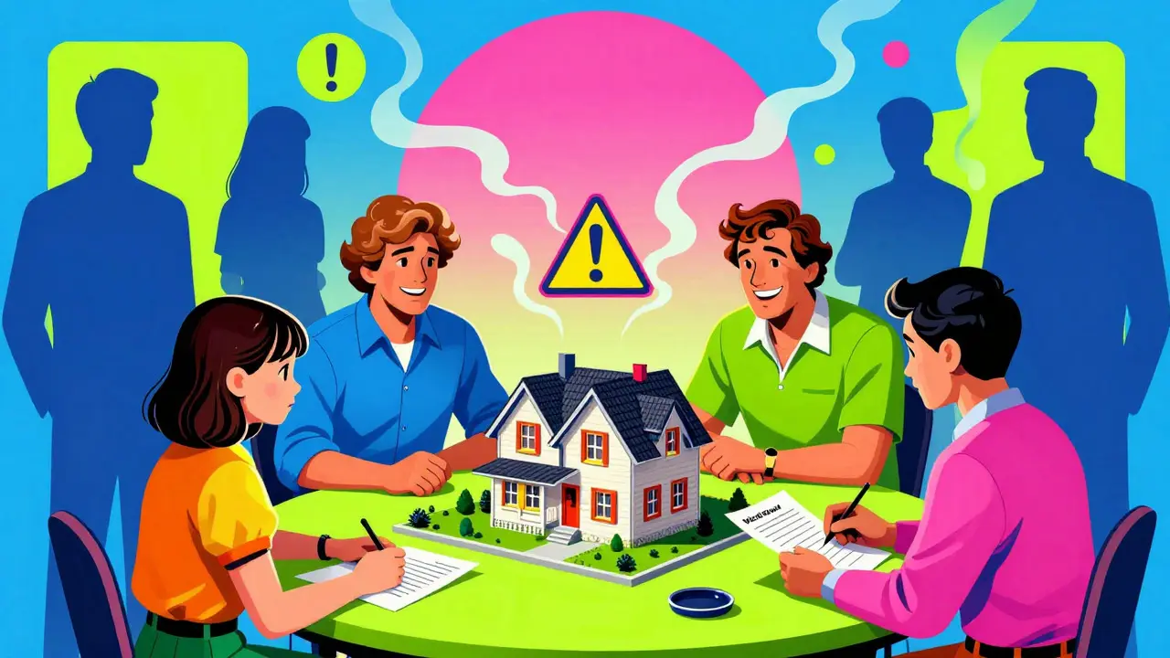 Psychedelic Illustration: Familie bei Immobilienübergabe, Käufer weichen ab