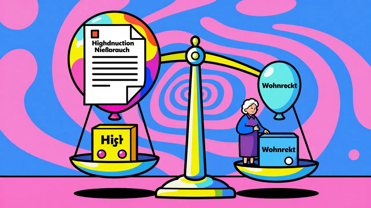 Psychedelic Illustration: Steuerliche Vorteile des Nießbrauchs auf einer Waage dargestellt