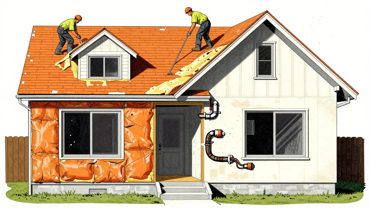 Querschnitt eines Hauses: Fassade und Technik vor Innenausbau
