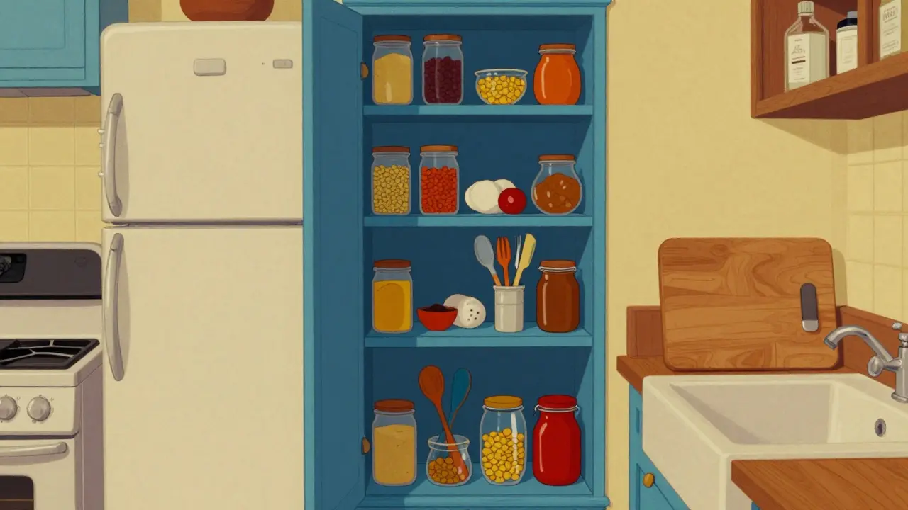 Schmaler Apothekenschrank und Spülenabdeckung in buntem Cartoon-Stil
