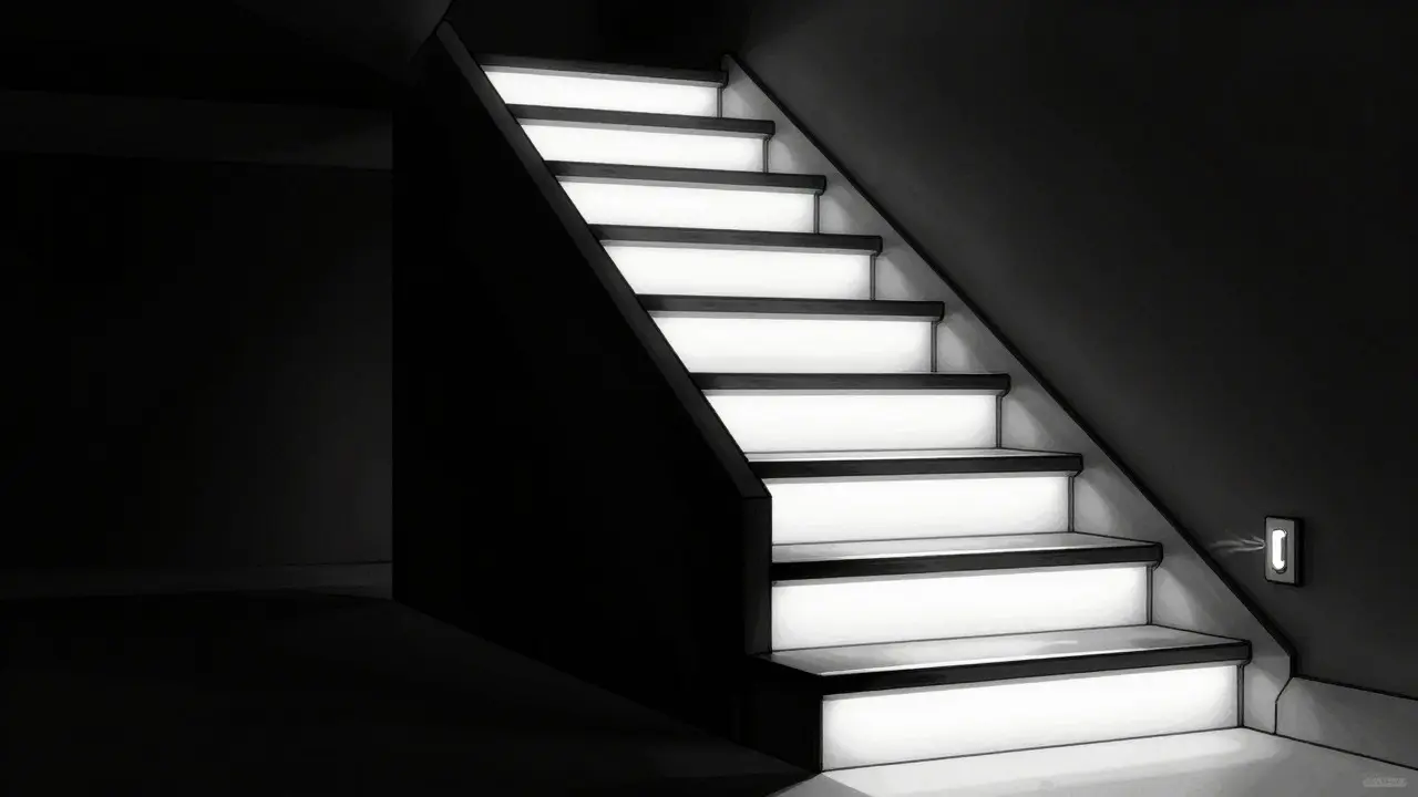 Sichere Treppe mit LED-Beleuchtung und Profilen