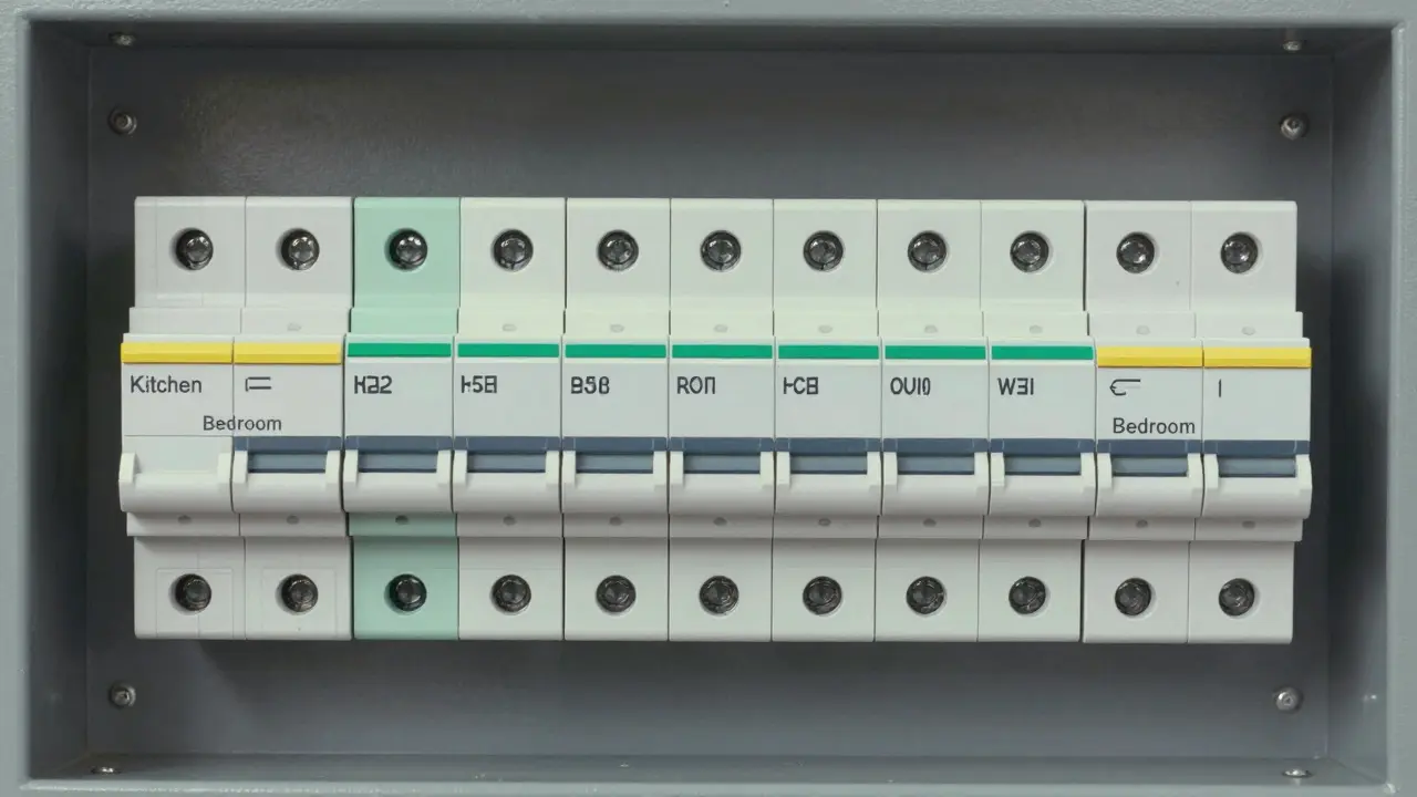 Symmetrische Illustration eines ordentlich beschrifteten und organisierten Unterverteilers