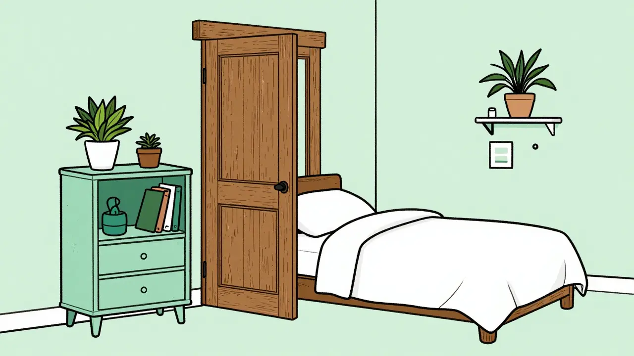 Upgecyltes Bücherregal und Tür als Kopfteil in einem nachhaltigen Schlafzimmer.