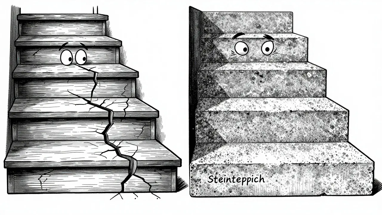 Vergleich von Holz und Steinteppich-Treppenstufen